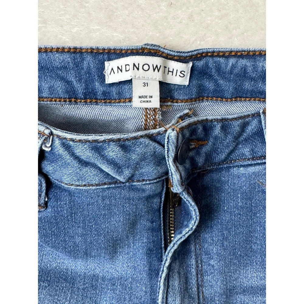 ANDNOWTHIS Blue Distressed High Rise Skinny Jeans Size 31 Raw Hem Ripped Womens